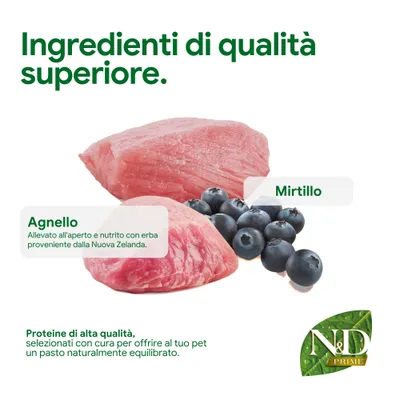 Componenti di alta qualità: agnello dalla Nuova Zelanda e mirtilli. Proteine di alta qualità per un pasto equilibrato. Marca: N&D Prime.