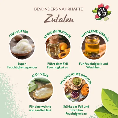 Különösen tápláló összetevők: sheavaj, sárgabarackmag-olaj, görögdinnyeolaj, Aloe Vera és növényi fehérje. Elősegítik a hidratálást, puhaságot és erősítik a szőrzetet.
