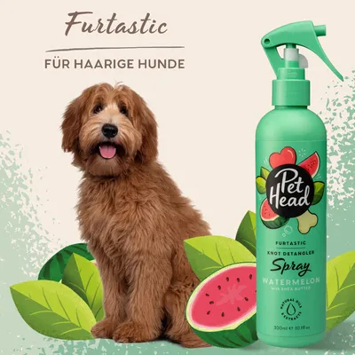 Pet Head Furtastic Knot Detangler Spray Watermelon with shea butter, 300ml. Text in German: 'Für haarige Hunde'. Image shows spray bottle and a long-haired dog.