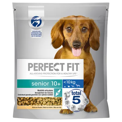 PERFECT FIT senior 10+, <10 kg, Mobilité articulaire, total 5, granule, Riche en Poulet. Text: Developed with veterinarians from the Waltham Centre for Pet Nutrition.