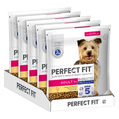 Perfect Fit Adult 1+ suché krmivo, bohaté na kuracie mäso, podporuje celkové zdravie. Bez umelých farbív. Balenie s Total-5-Gesundheitsformel.