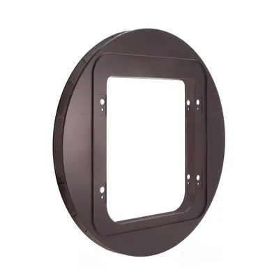 Brown circular adapter with a square centre opening and screw holes, designed for fitting or installing a pet door in walls or doors.