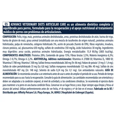 Advance Veterinary Diets Articular Care: alimento dietético para perros con problemas articulares. Ingredientes, análisis nutricional, aditivos y guía de alimentación visibles en la imagen.
