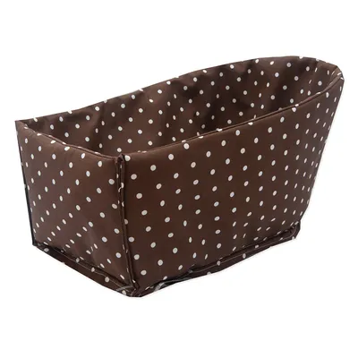 Panier en tissu marron à pois blancs, forme rectangulaire avec bords rembourrés. Aucun logo ou texte visible.