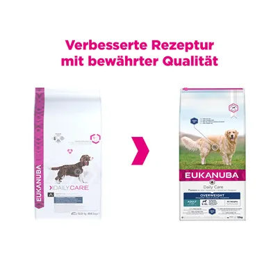 Teksti: Verbesserte Rezeptur mit bewährter Qualität. Kaksi EUKANUBA Daily Care -koiranruokapakkausta, vasemmalla vanha ja oikealla uusi ulkoasu.