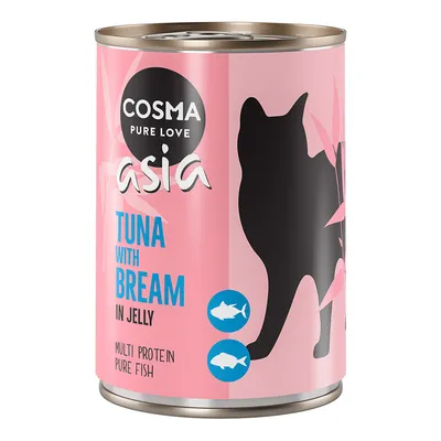 Boîte Cosma Pure Love Asia, texte visible : Tuna with Bream in Jelly, Multi Protein Pure Fish, silhouette de chat noir, illustrations de poissons, fond rose.