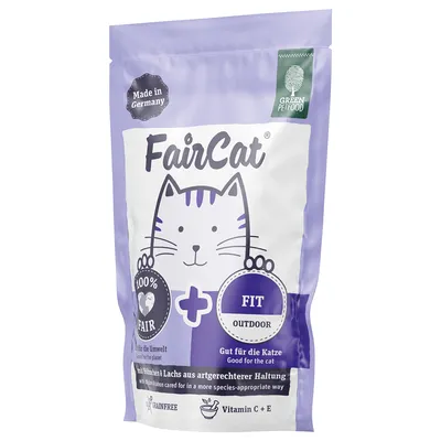 Opakowanie karmy FairCat FIT OUTDOOR, Green Petfood, 100% FAIR, Made in Germany, bez zbóż, witaminy C+E, łosoś, tekst w języku niemieckim i angielskim.