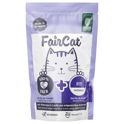 FairCat Fit Outdoor, Made in Germany, 100% fair, mit Hühnchen & Lachs aus artgerechter Haltung, grainfree, Vitamin C+E, gut für die Umwelt und Katze.