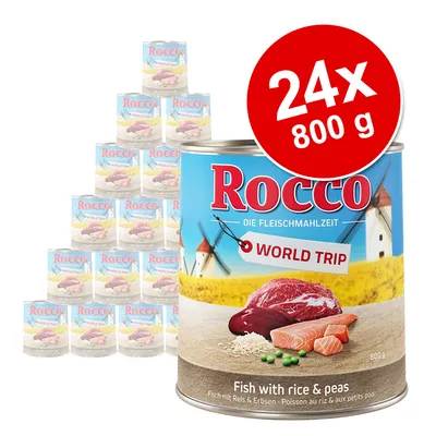 Conservă Rocco World Trip, 24 x 800 g, pe etichetă: carne, somon, orez și mazăre. Text vizibil: Fish with rice & peas. Ambalaj cu moară de vânt ilustrată.