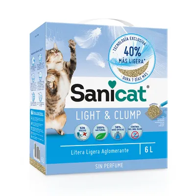 Sanicat Light & Clump stelivo pro kočky, 6 l, bez parfému, 100% přírodní, bezprašné, kontrola zápachu, o 40 % lehčí, exkluzivní technologie, vydrží až 7 dní déle.