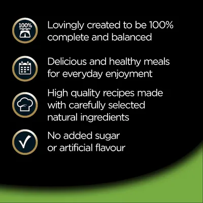 100% complete and balanced, delicious healthy meals for everyday enjoyment, high quality recipes with natural ingredients, no added sugar or artificial flavour.