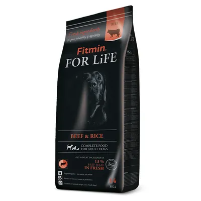Fitmin For Life Beef & Rice, teljes értékű eledel felnőtt kutyáknak, 14 kg, 43,5% húsösszetevő, 13% friss marhahús. Búza- és kukoricamentes, cikóriagyökér-kivonattal.