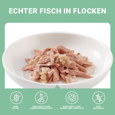 Echter Fisch in Flocken. Ohne Gluten, keine künstlichen Konservierungsstoffe, keine künstlichen Aromen oder Farbstoffe, keine Gentechnik.