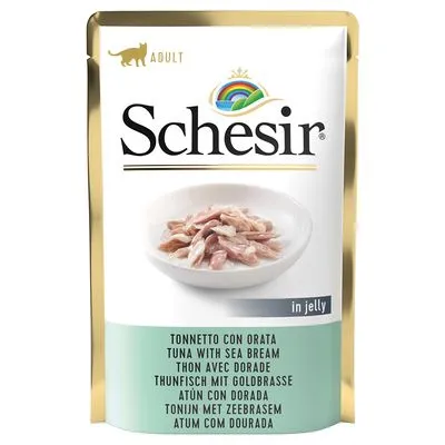 Schesir Adult kattenvoer in jelly, tonijn met zeebrasem. Meertalige productnaam en ingrediënten op de verpakking zichtbaar.