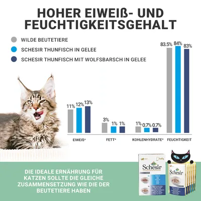 Diagramm zeigt Eiweiss-, Fett-, Kohlenhydrat- und Feuchtigkeitsgehalt von Schesir Thunfisch-Produkten im Vergleich zu wilden Beutetieren. Ideale Ernährung für Katzen mit ähnlicher Zusammensetzung.