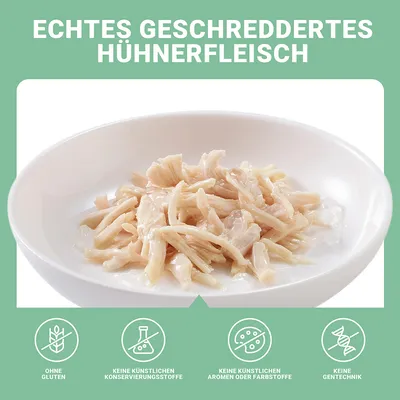 Echtes geschreddertes Hühnerfleisch. Ohne Gluten, keine künstlichen Konservierungsstoffe, keine künstlichen Aromen oder Farbstoffe, keine Gentechnik.