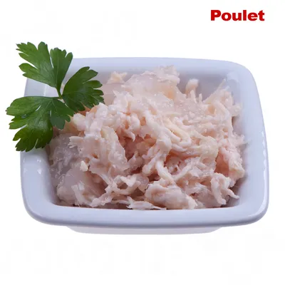 Émincé de poulet dans un bol blanc avec une feuille de persil, texte visible : Poulet