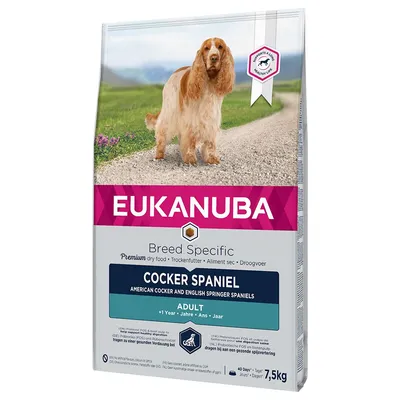 Eukanuba Breed Specific tørfoder til Cocker Spaniel, Adult +1 Year, 7,5 kg. Tekst: American Cocker and English Springer Spaniels. Premium dry food. 40 days*