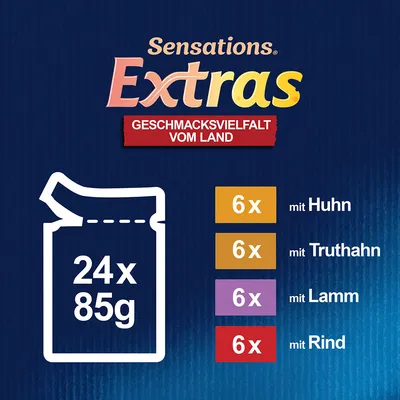 Sensations Extras Geschmacksvielfalt vom Land. Packungsinhalt: 24x85g, je 6x mit Huhn, Truthahn, Lamm und Rind.