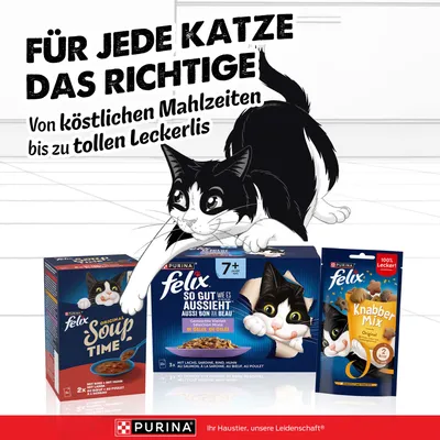 Für jede Katze das Richtige: Von köstlichen Mahlzeiten bis zu tollen Leckerlis. Purina Felix Soup Time, So gut wie es aussieht 7+, Knabber Mix. Purina Ihr Haustier, unsere Leidenschaft. Für jede Katze das Richtige: Von köstlichen Mahlzeiten bis zu tollen Leckerlis. Purina Felix Soup Time, So gut wie es aussieht 7+, Knabber Mix. Purina Ihr Haustier, unsere Leidenschaft.