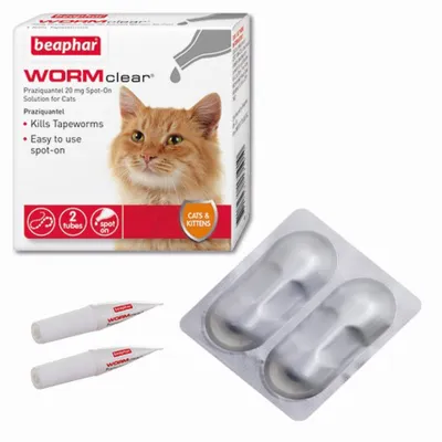 Worm clear spot-on solution pack with two tubes and blister, kills tapeworms, easy to use, for cats and kittens, includes 2 tubes per pack.
