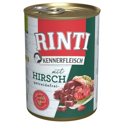 Rinti Kennerfleisch med hjort, kornfri. Rinti siden 1983 Original. Dåse med kødstykker og grøn dekoration.