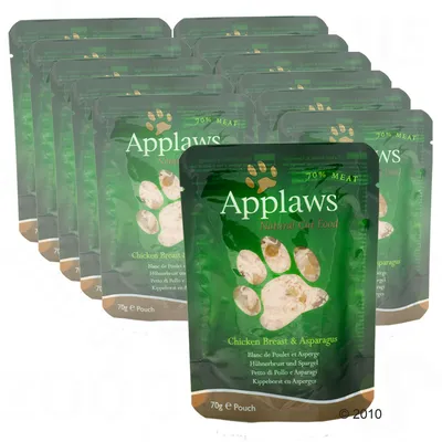 Višestruka pakiranja Applaws Natural Cat Food, Chicken Breast & Asparagus, 70 g. Na pakiranju piše '70% meat'.
