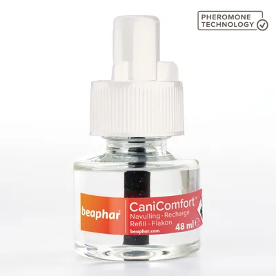 CaniComfort refill bottle, 48ml, with pheromone technology indicated on label. Product is shown in clear packaging with white cap.