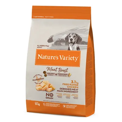 Sac de croquettes Nature’s Variety Meat Boost, 10 kg, poulet élevé en plein air, viande désossée ingrédient principal, sans céréales, pour chiens adultes toutes tailles (+5 kg).