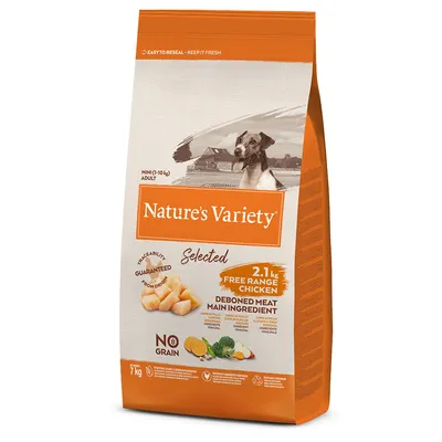 Nature's Variety Selected Mini (1–10 kg) Adult, 2.1 kg free range chicken, deboned meat main ingredient, no grain, pakkauskoko 7 kg. Kuvassa koira ja ainesosakuvia.