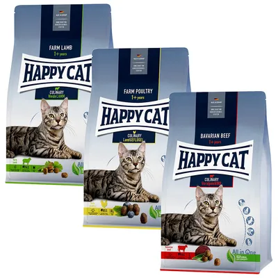 Happy Cat szárazeledel 1 évnél idősebb macskáknak, három változatban: réti bárány, tanyasi szárnyas és alpesi marha. Csomagolás macskával és All-in-One koncepcióval.
