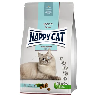 Pachet hrană uscată pentru pisici Happy Cat Sensitive 1+ years, Schonkost Niere kidney. Imagine cu o pisică și text vizibil: All in One, Natural Life Concept, Made in Germany.