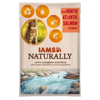 IAMS Naturally Katzenfutter mit nordatlantischem Lachs in Soße, 100% vollständige Ernährung, leicht verdauliche natürliche Zutaten, Vitamin E, Omega 3 & 6, Ballaststoffe, Protein. 85g.