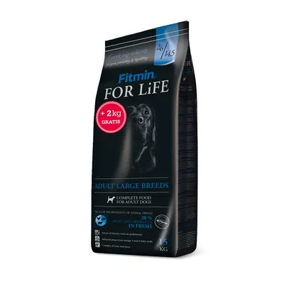 Fitmin FOR LiFE Adult Large Breeds, hrană completă pentru câini adulți de talie mare, 15 kg, +2 kg gratis. 56 % ingrediente de origine animală, 20 % carne și produse proaspete.