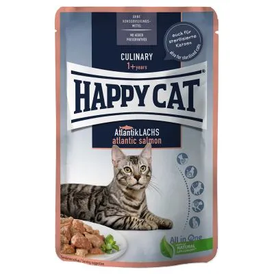 Confezione Happy Cat Culinary 1+ years, Atlantic Lachs atlantic salmon, senza conservanti, per gatti sterilizzati, immagine di gatto e bocconcini su piatto.