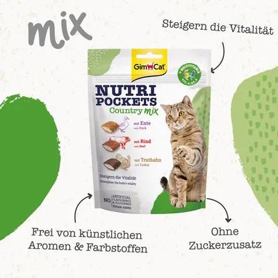 GimCat Nutri Pockets Country Mix mit Ente, Rind und Truthahn. Frei von künstlichen Aromen & Farbstoffen, ohne Zuckerzusatz. Steigert die Vitalität.