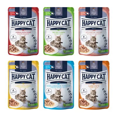 Happy Cat Adult mokra karma dla kotów, odmiany: Voralpen Rind, Weide Lamm, Atlantik Lachs, Land Geflügel, Quellwasser Forelle, Land Ente. Odpowiednia dla kotów sterylizowanych od 1 roku.