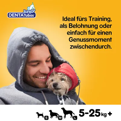 Junior DENTATubos. Ideal fürs Training, als Belohnung oder einfach für einen Genussmoment zwischendurch. S, M, L. 5–25 kg+ (besedilo v nemščini).