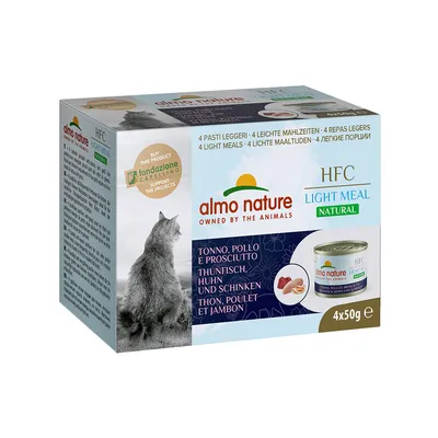 Almo Nature HFC Light Meal Natural, 4 lätta måltider med tonfisk, kyckling och skinka, 4x50g. Stöder Fondazione Capellino-projekt.