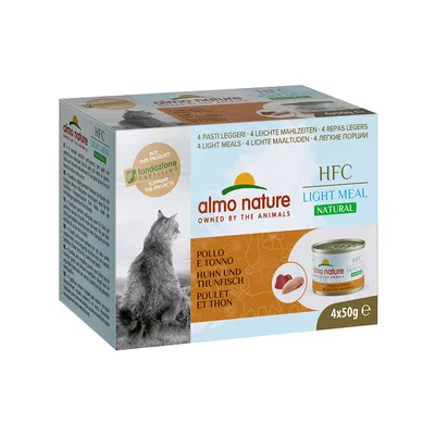 Förpackning med almo nature HFC Light Meal Natural, 4x50 g. Synlig text: Pollo e tonno, Huhn und Thunfisch, Poulet et thon. Bild på katt och konservburk.