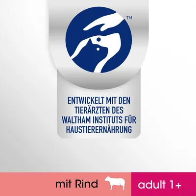 Tekst na njemačkom: Entwickelt mit den Tierärzten des Waltham Instituts für Haustierernährung. mit Rind. adult 1+