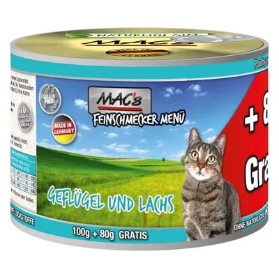 Conservă MAC's Feinschmecker Menü pentru pisici, Geflügel und Lachs, 100g + 80g gratis, fără cereale, Made in Germany, imagine cu pisică și peisaj verde. Text în germană.