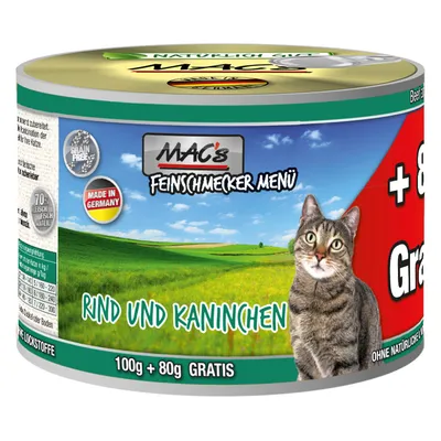 Conservă MAC's Feinschmecker Menü pentru pisici, Rind und Kaninchen, 100g + 80g gratis, inscripții: Grain Free, Made in Germany, 70% Fleisch/Fisch Anteil.