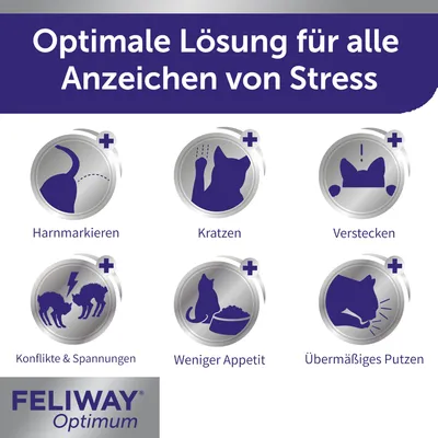 Feliway Optimum. Optimale Lösung für alle Anzeichen von Stress: Harnmarkieren, Kratzen, Verstecken, Konflikte & Spannungen, Weniger Appetit, Übermässiges Putzen.