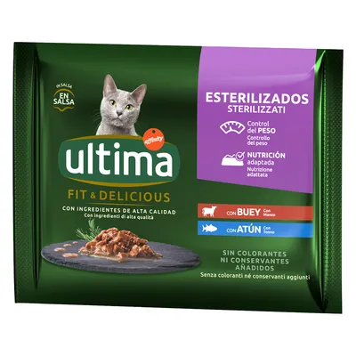 Ultima Fit & Delicious стерилизирани котки, с говеждо и риба тон. Контрол на теглото, адаптирано хранене. Без оцветители и консерванти. Видима порция храна в сос.