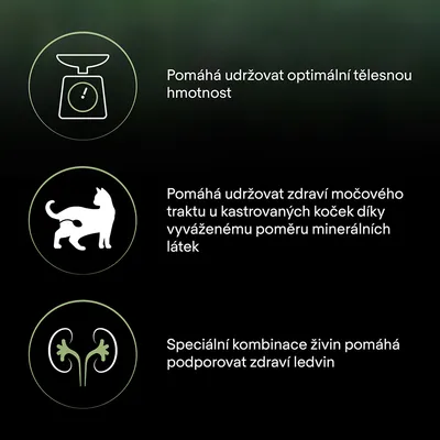 Pomáhá udržovat optimální tělesnou hmotnost, zdraví močového traktu u kastrovaných koček díky vyváženému poměru minerálních látek a podporuje zdraví ledvin speciální kombinací živin.