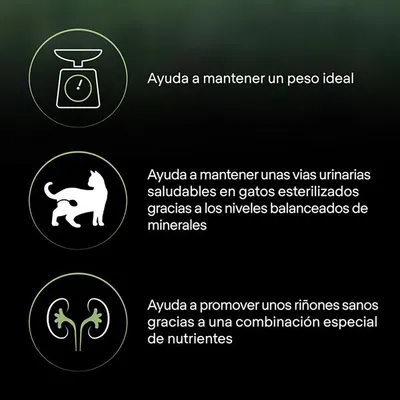 Ayuda a mantener un peso ideal. Ayuda a mantener unas vías urinarias saludables en gatos esterilizados gracias a los niveles balanceados de minerales. Ayuda a promover unos riñones sanos gracias a una combinación especial de nutrientes.