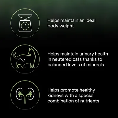 Helps maintain ideal body weight, supports urinary health in neutered cats with balanced minerals, and promotes healthy kidneys with a special combination of nutrients.