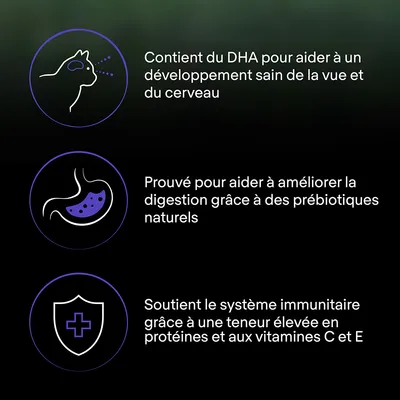 Contient du DHA pour la vue et le cerveau, aide à la digestion grâce à des prébiotiques naturels, soutient l’immunité avec protéines et vitamines C et E. Texte en français.
