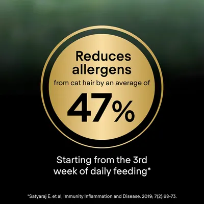 Reduces allergens from cat hair by an average of 47 percent, starting from the third week of daily feeding. Based on Satyaraj et al., Immunity Inflammation and Disease, 2019.